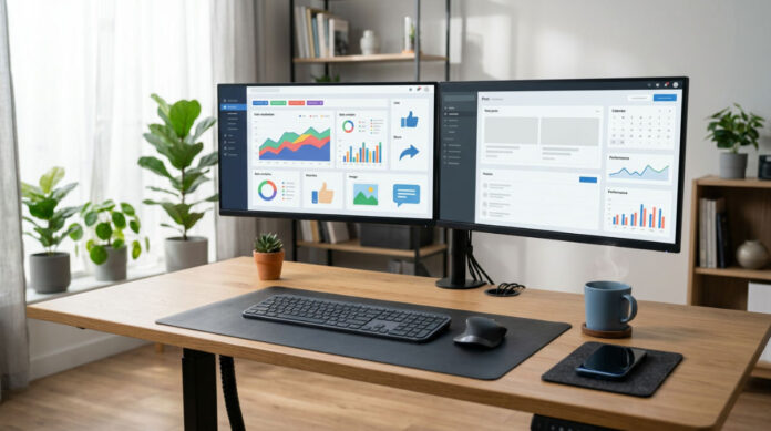 A modern office desk featuring a unified marketing dashboard displaying various top social media platforms for business management.