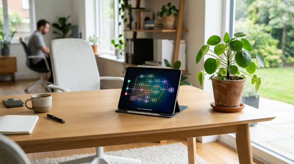 A digital tablet showing a visual node-based workflow builder for managing email and SMS marketing automation.