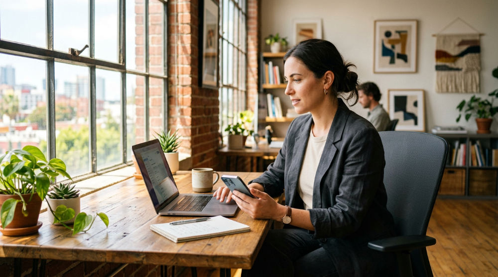 An entrepreneur managing their business using a unified CRM and AI agents for automated customer interactions.