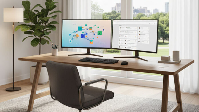 Inside sales professional working at a modern desk with automated sales system tools