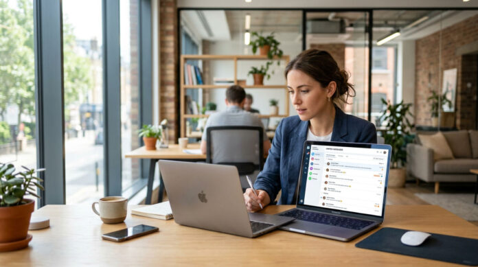 A business owner manages customer interactions and sales leads through a unified AI operating system dashboard.