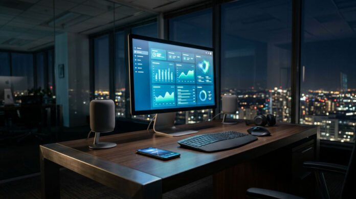 A professional desk setup featuring a digital dashboard representing an AI agent sales funnel operating 24/7.