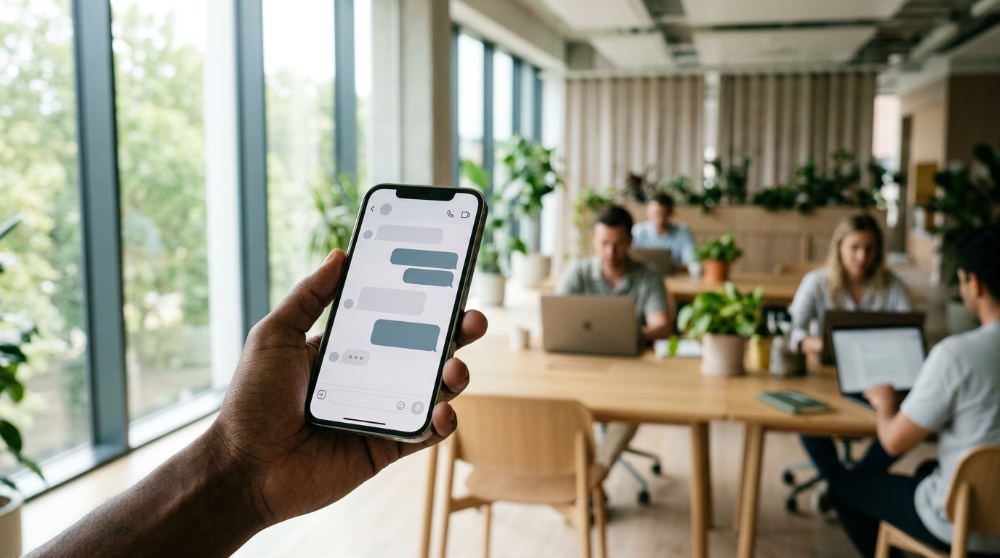 A smartphone screen showing a unified inbox where an AI agent qualifies a sales lead via chat.