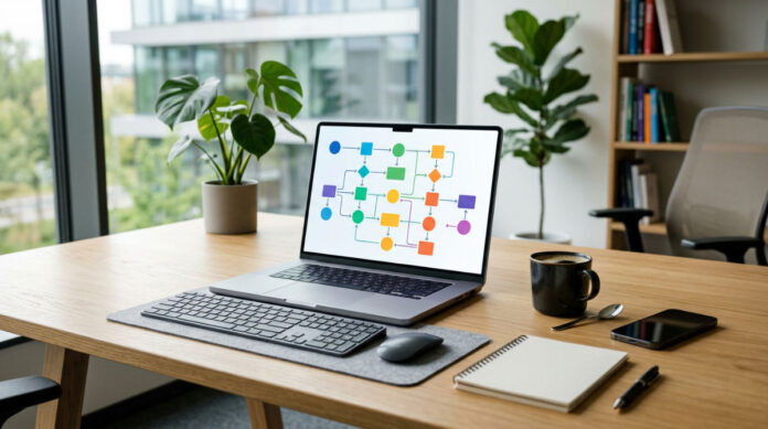A laptop on a bright office desk displays a modern AI marketing automation workflow with visual nodes.