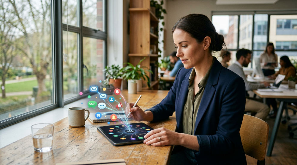A marketing professional uses a mobile tablet to respond to customer inquiries within a unified inbox.