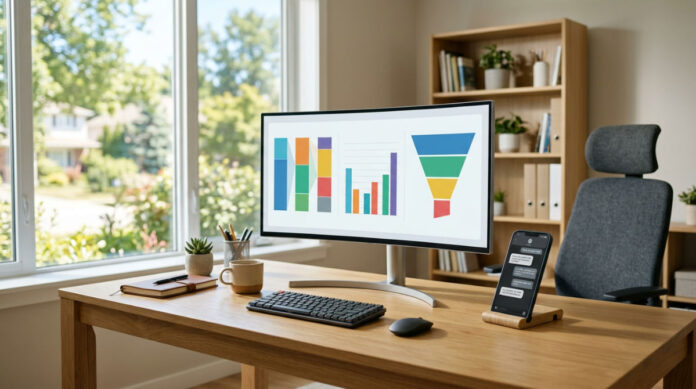 A professional desk setup showing a CRM dashboard and automated AI messaging on a smartphone.