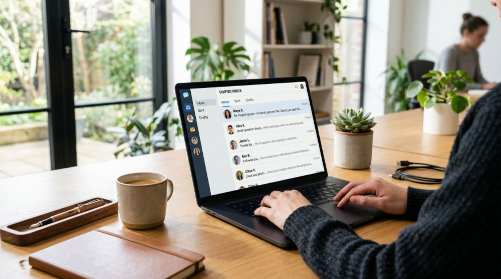 A unified inbox showing synchronized lead messages from SMS, email, and social media for centralized AI oversight.