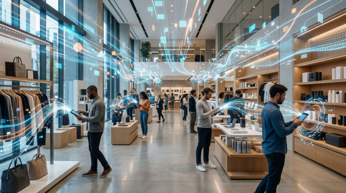 A digital representation of a product catalog being accessed by autonomous AI agents in a modern office.