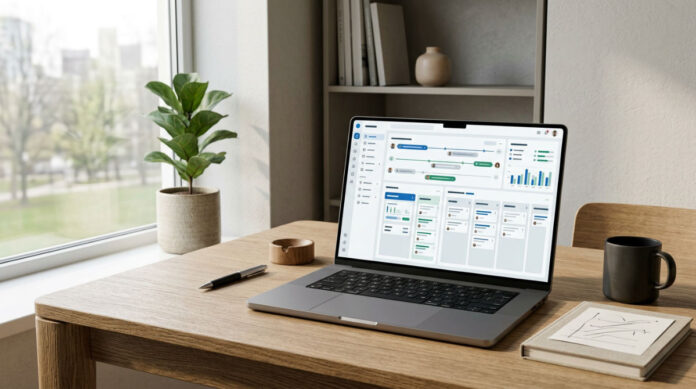 A modern laptop on a minimalist desk displaying a unified CRM dashboard with customer communication data.