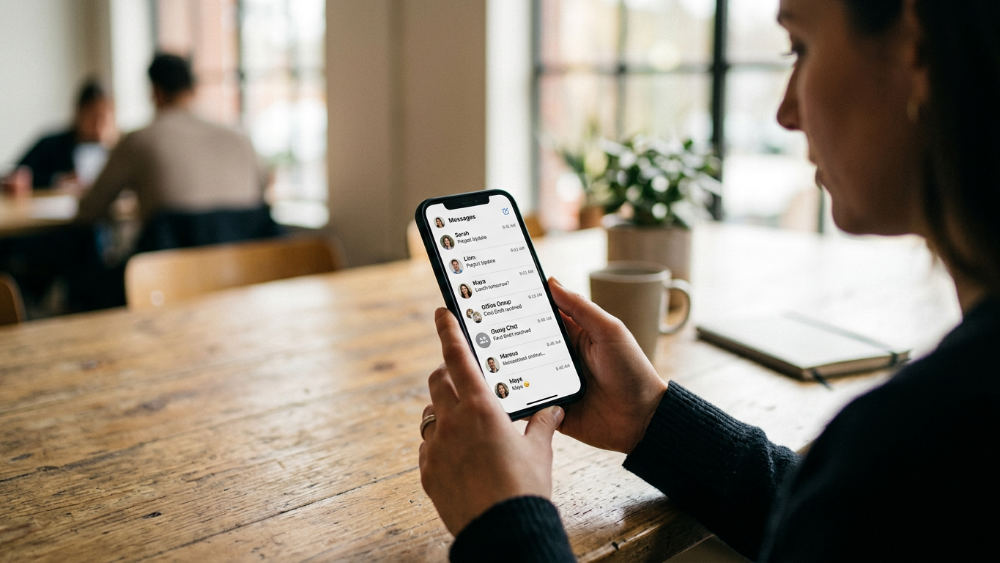A smartphone displaying a unified messaging inbox that combines SMS and social media chat for AI agents.