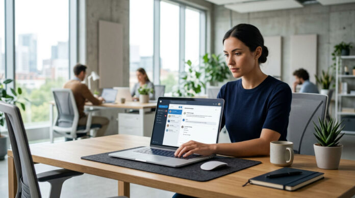 A professional laptop displaying a unified inbox interface in a bright, modern office setting to illustrate business efficiency.